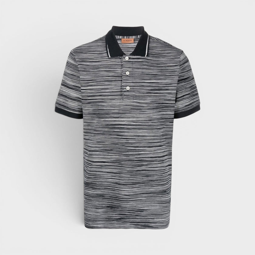 Striped Contrast Collar Polo Shirt Space Dyed Black White