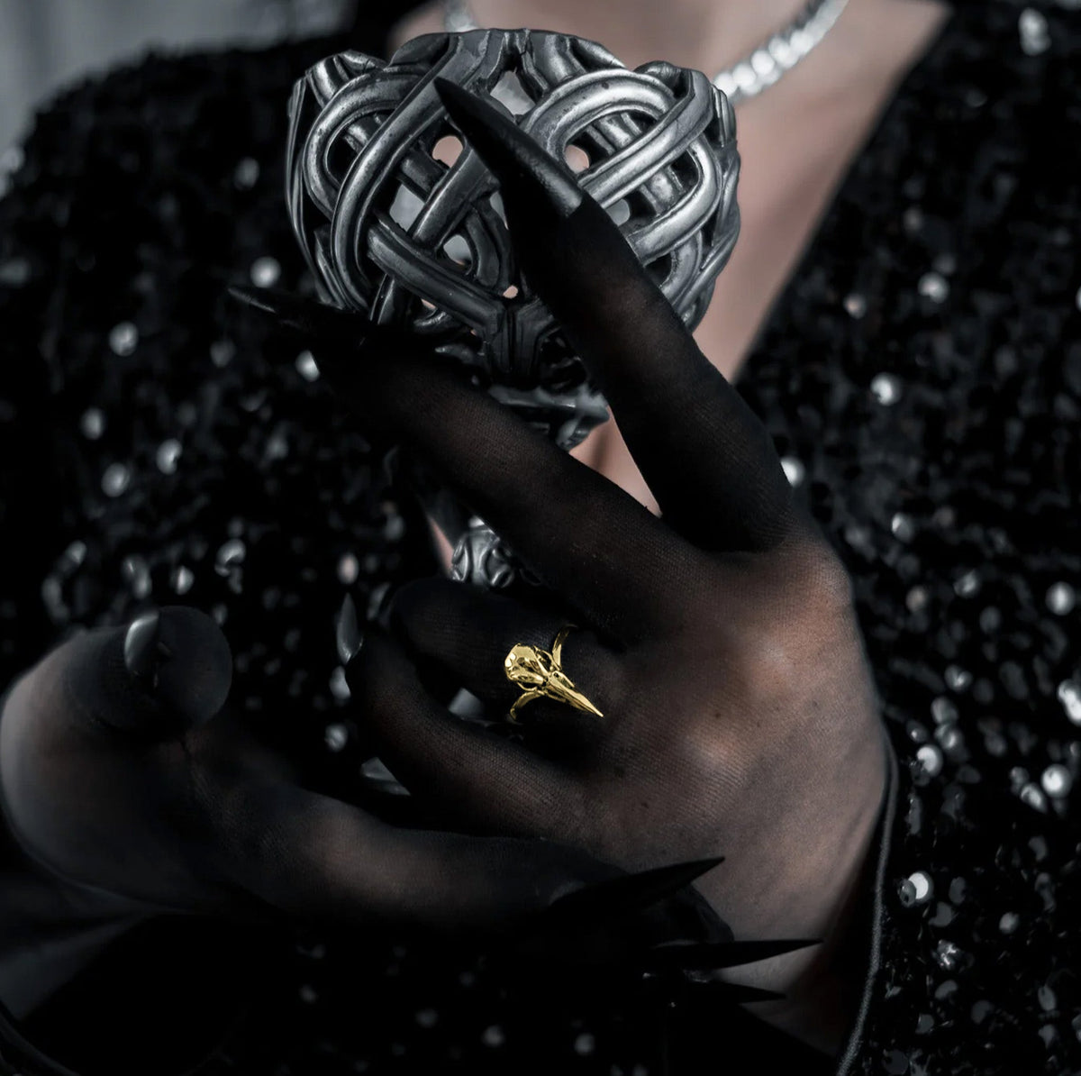 Gold Raven Bird Skull Ring
