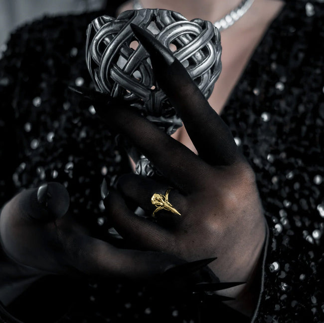 Gold Raven Bird Skull Ring