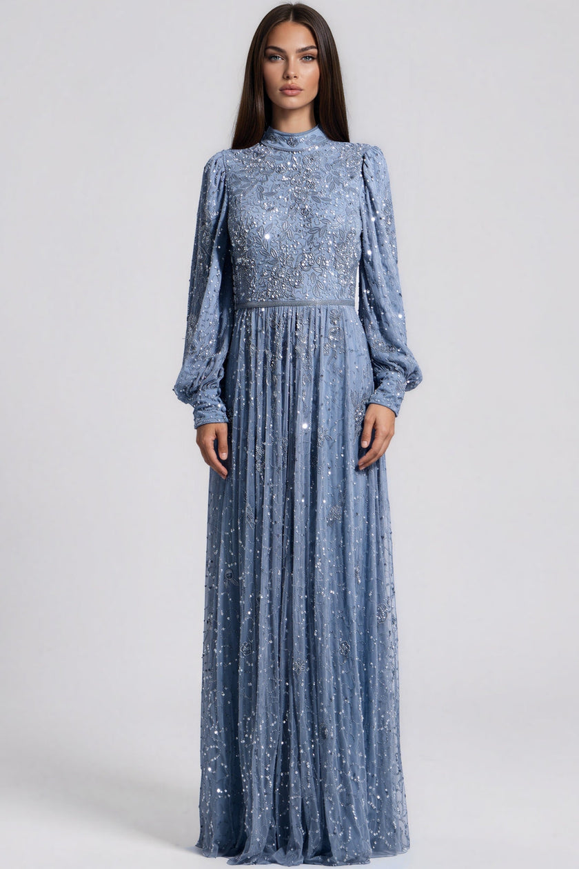 Slate Blue Embellished High Neck Maxi Dress
