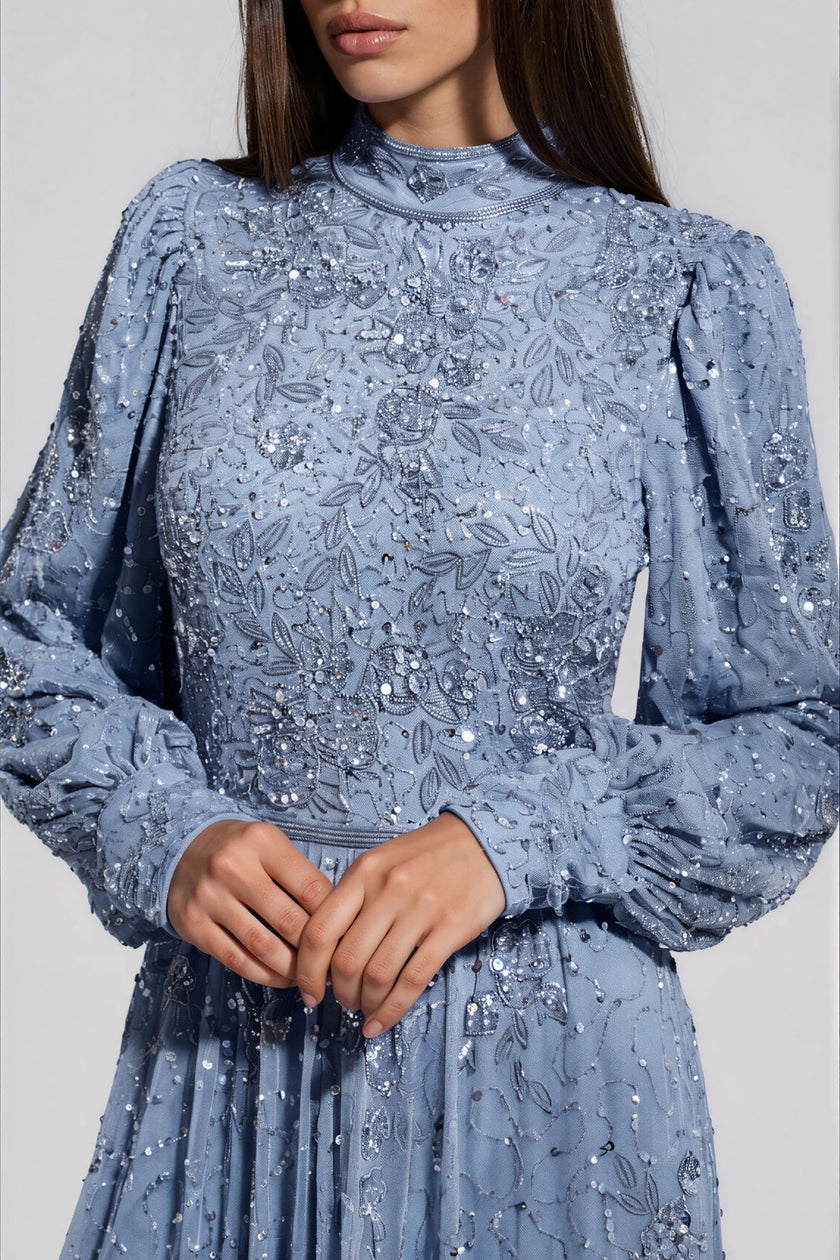 Slate Blue Embellished High Neck Maxi Dress