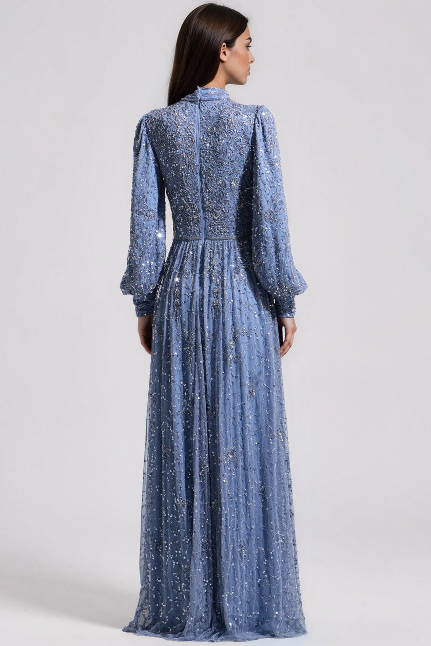 Slate Blue Embellished High Neck Maxi Dress