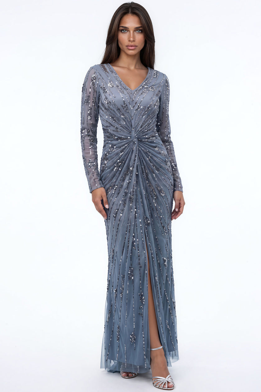 Slate Blue Silver Sequin V‑Neck Long Sleeve Maxi Dress