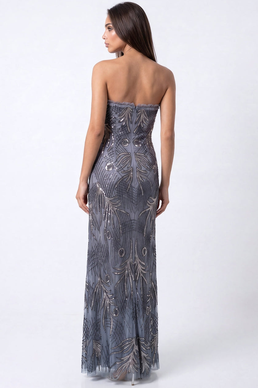 Slate Grey Silver Sequin Embellished Strapless Maxi Dress