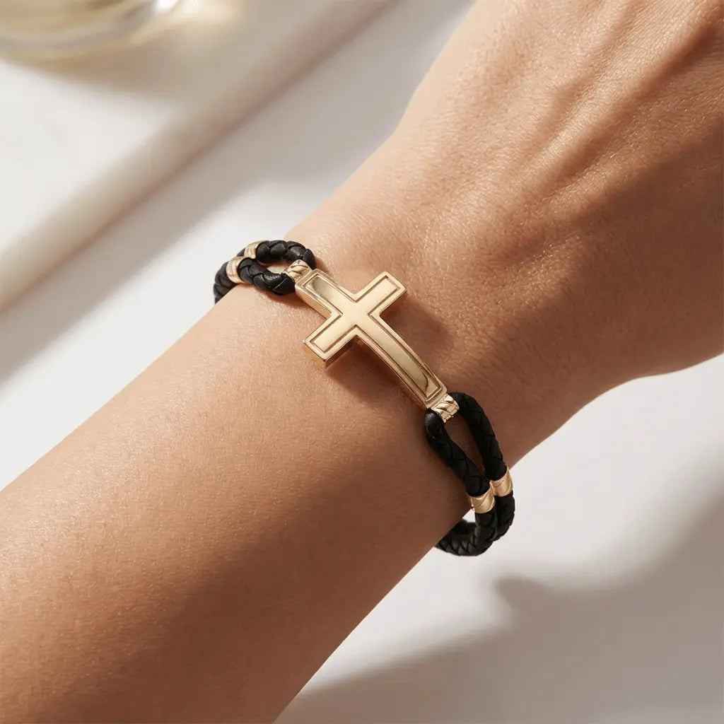 14K Gold Detail Bracelet – Sleek Cross Braided | Braided Black Band | Majestic Jewellery