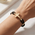 14K Gold Detail Bracelet – Sleek Cross Braided | Braided Black Band | Majestic Jewellery
