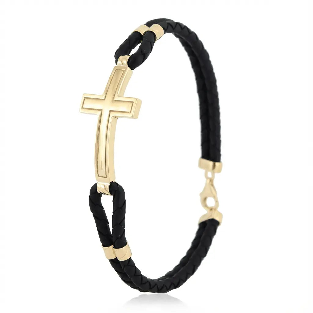 14K Gold Detail Bracelet – Sleek Cross Braided | Braided Black Band | Majestic Jewellery