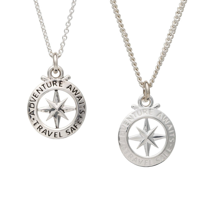 Reisekette aus Sterlingsilber mit Kompassumriss und kleinem Heiligen Christophorus