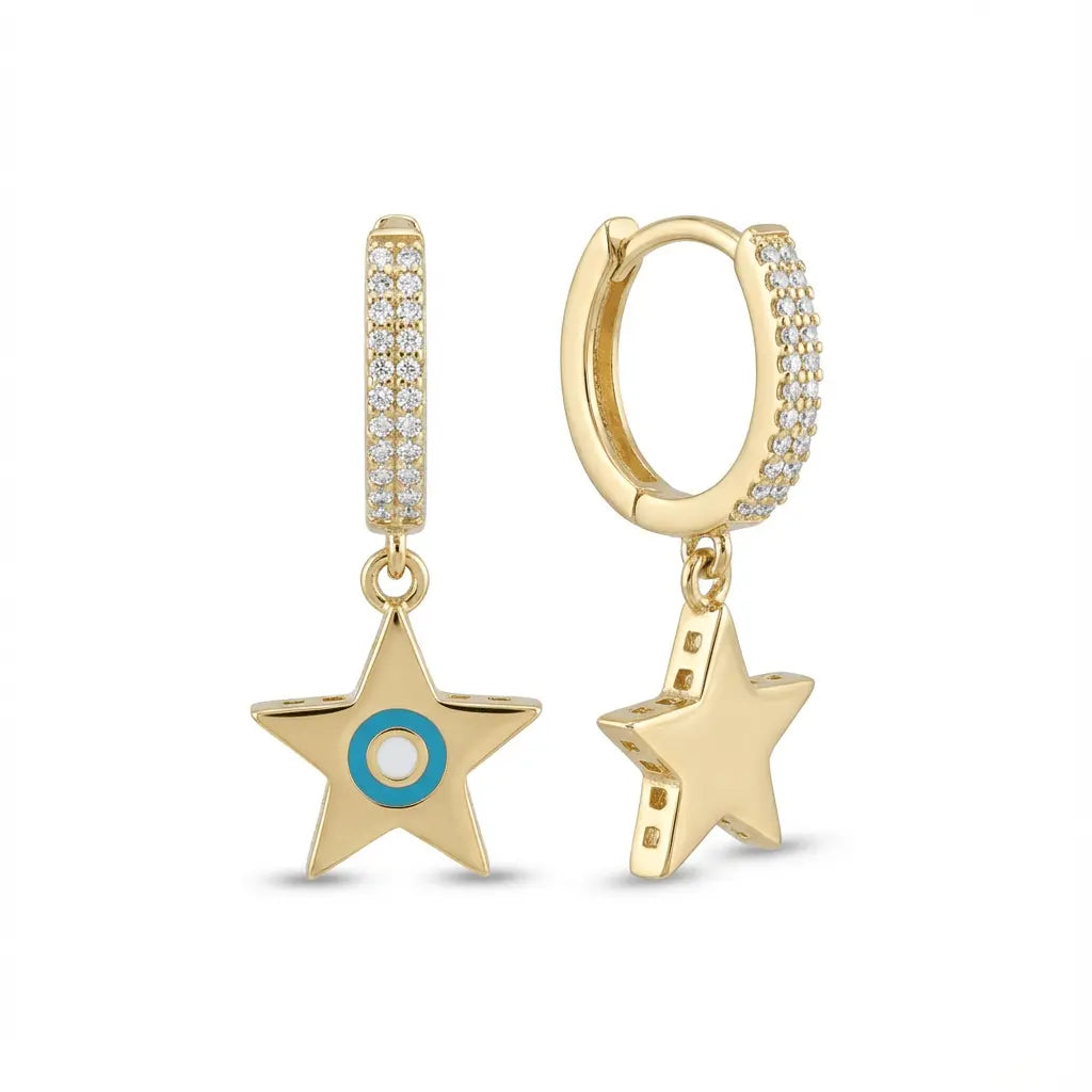 Gold Detail Earrings – Star Charm Hoop with Turquoise Detail | Gold | Majestic Jewellery