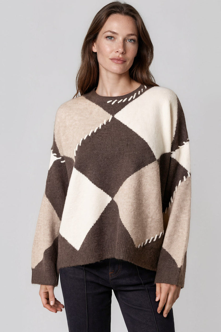 Brun argyle-genser i ullblanding