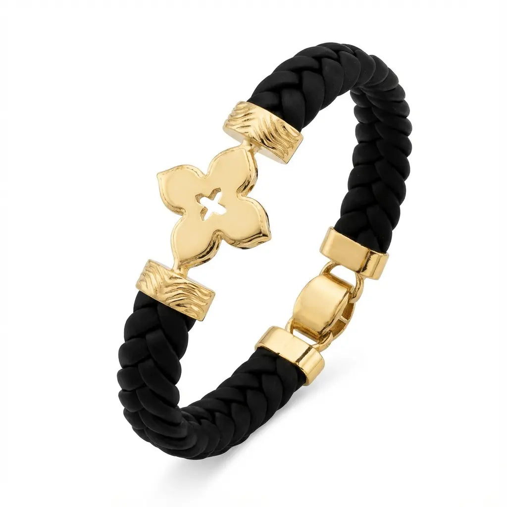14K Gold Detail Bracelet – Textured Clover Braided | Braided Black Band | Majestic Jewellery