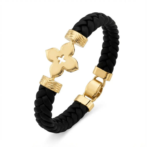 Armband mit 14K Gold Detail – Texturiertes Kleeblatt geflochten | Geflochtenes schwarzes Band | Majestic Jewellery