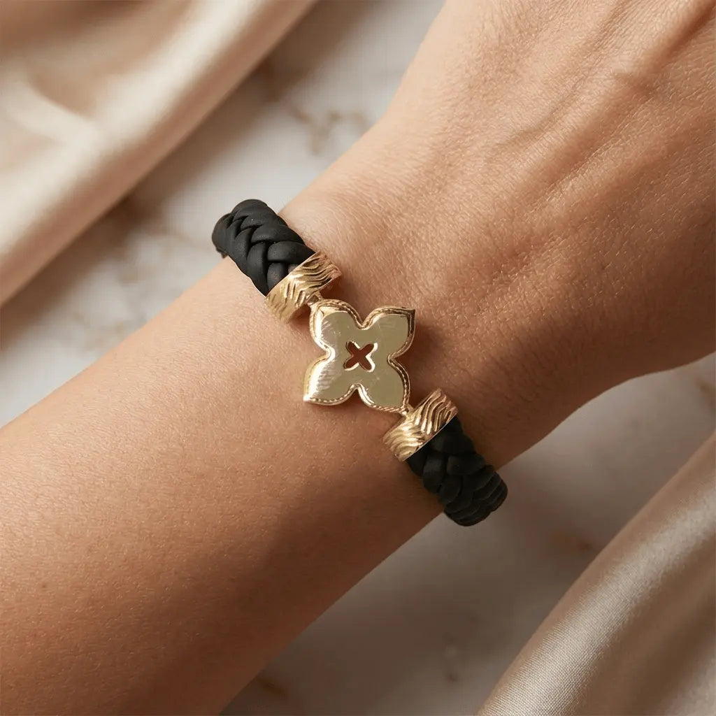14K Gold Detail Bracelet – Textured Clover Braided | Braided Black Band | Majestic Jewellery