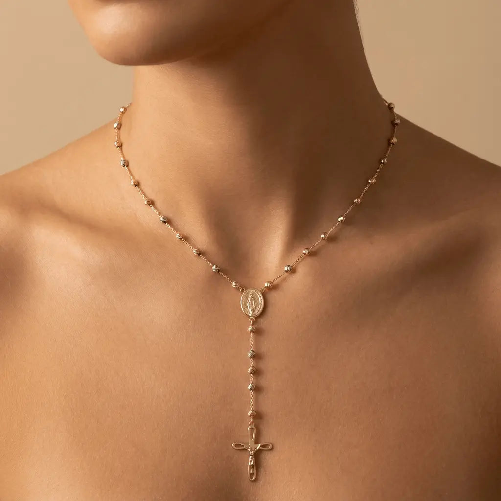 Solid Gold Necklace – Tricolor Rosary Style | Gold | Majestic Jewellery