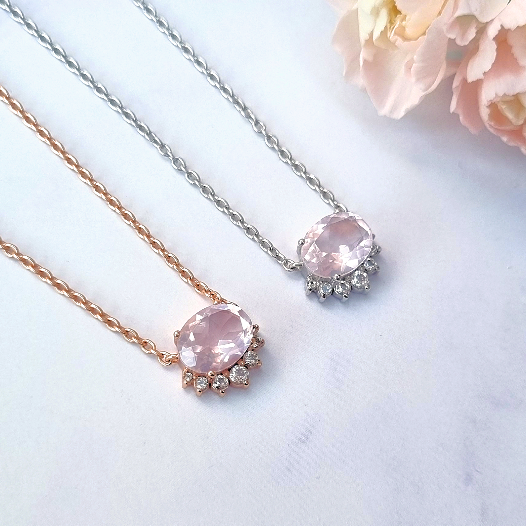 Aria Rozenkwarts Ketting van Sterling Zilver