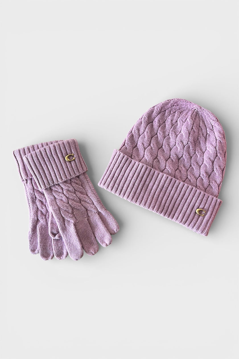 Cable Beanie & Gloves Gift Set Faded Pink