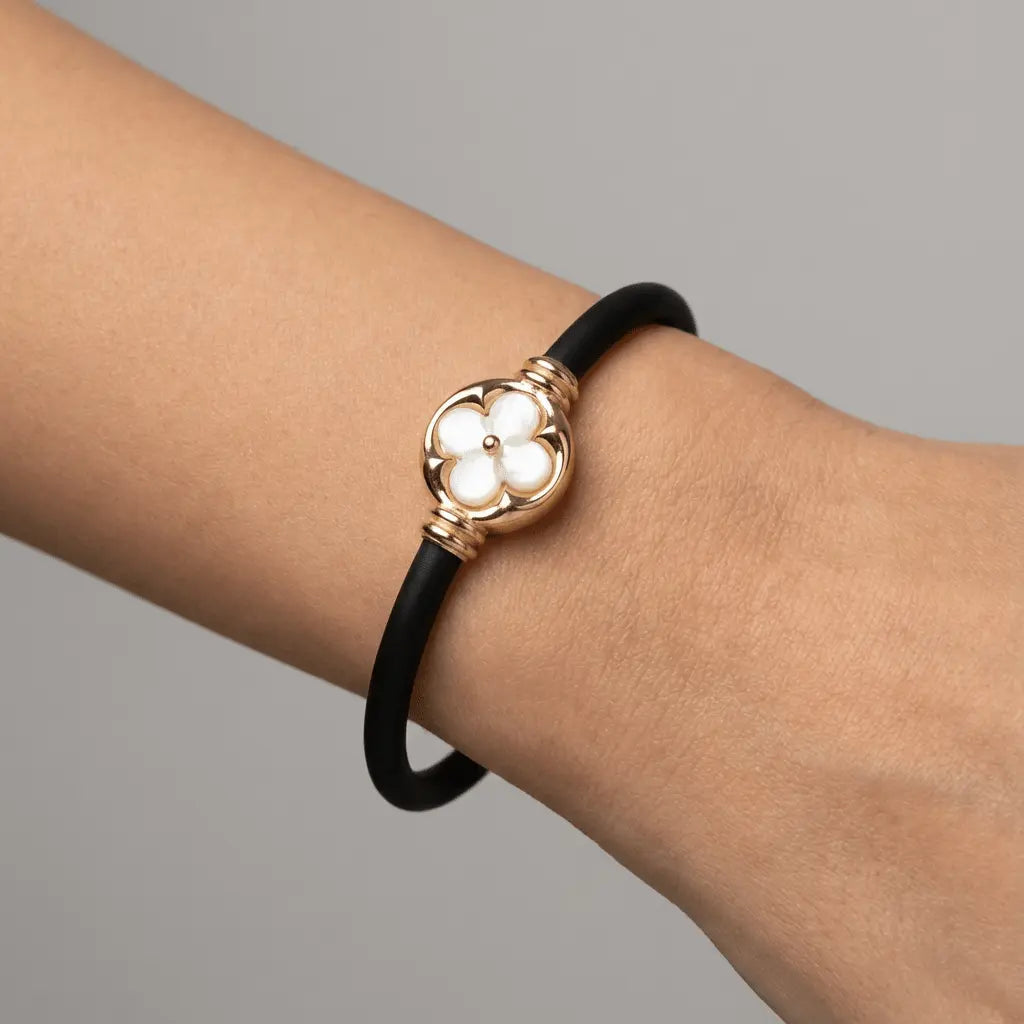 14K Gold Detail Bracelet – White Clover Black | Braided Black Band | Majestic Jewellery