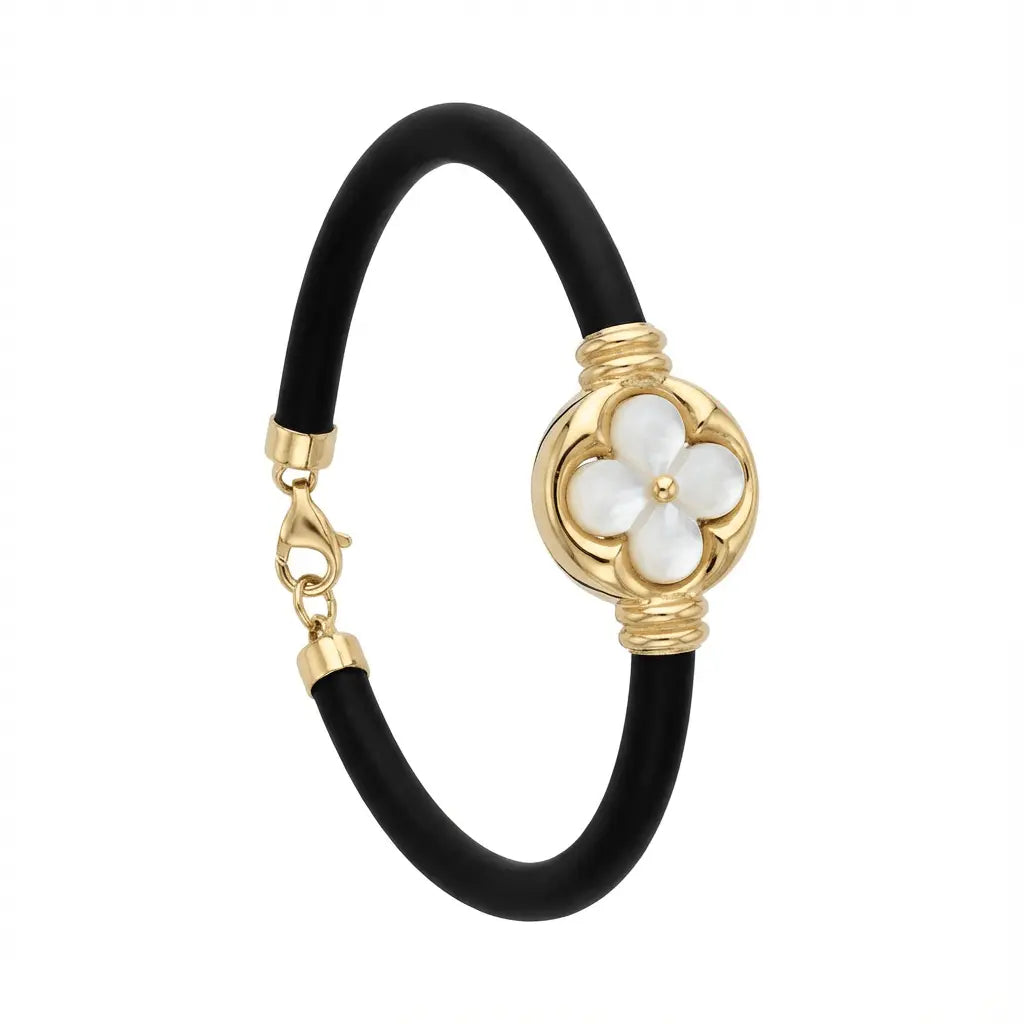 14K Gold Detail Bracelet – White Clover Black | Braided Black Band | Majestic Jewellery