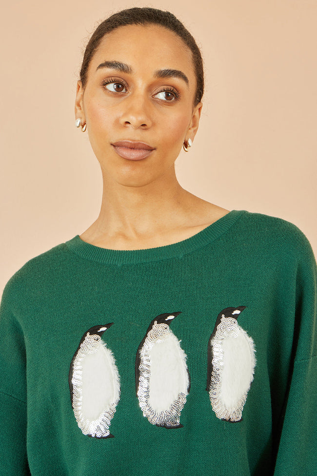 Yumi Green Christmas Festive Penguin Knitted Jumper