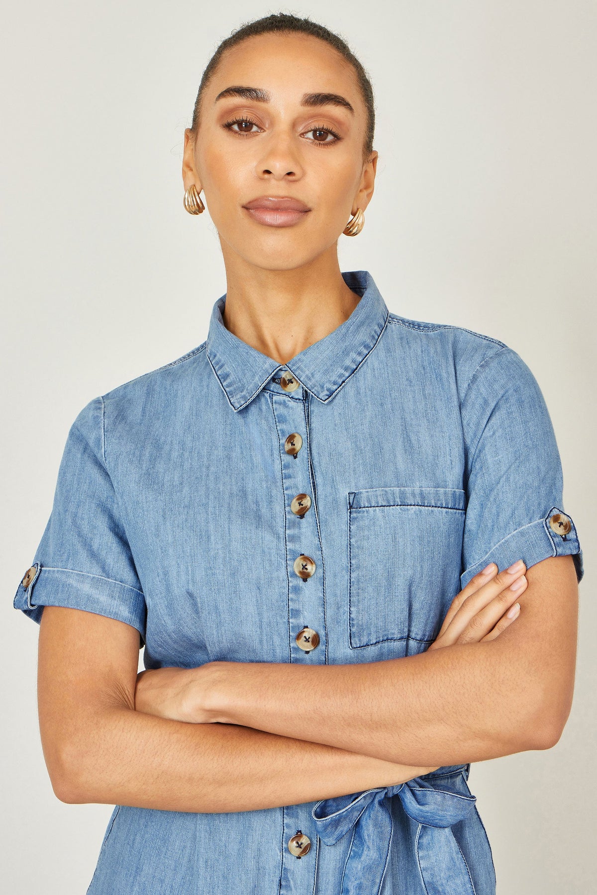 Yumi Blue Chambray Light Denim Button Jumpsuit