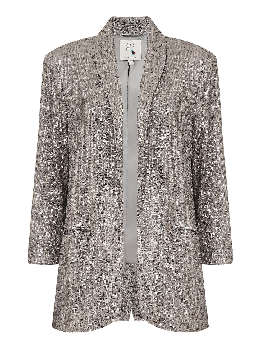 Silver Sequin Blazer With Pockets