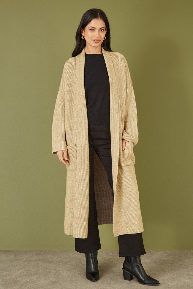 Yumi Oatmeal Knitted Maxi Cardigan With Pockets