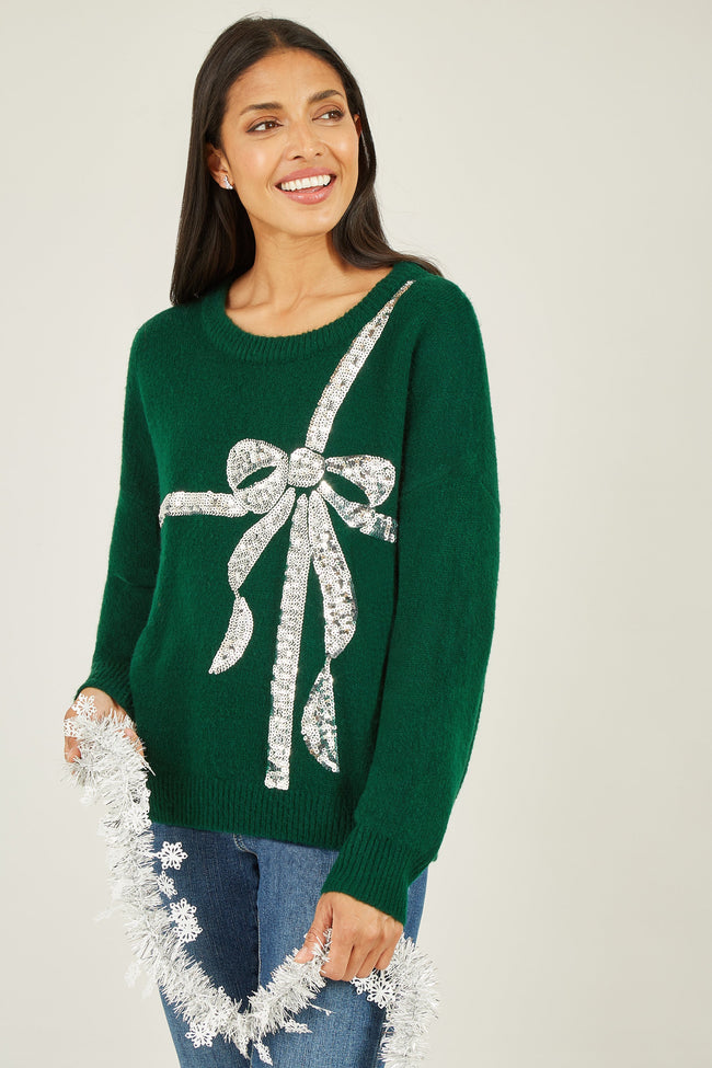 Yumi Green Sequin Bow Knitted Jumper