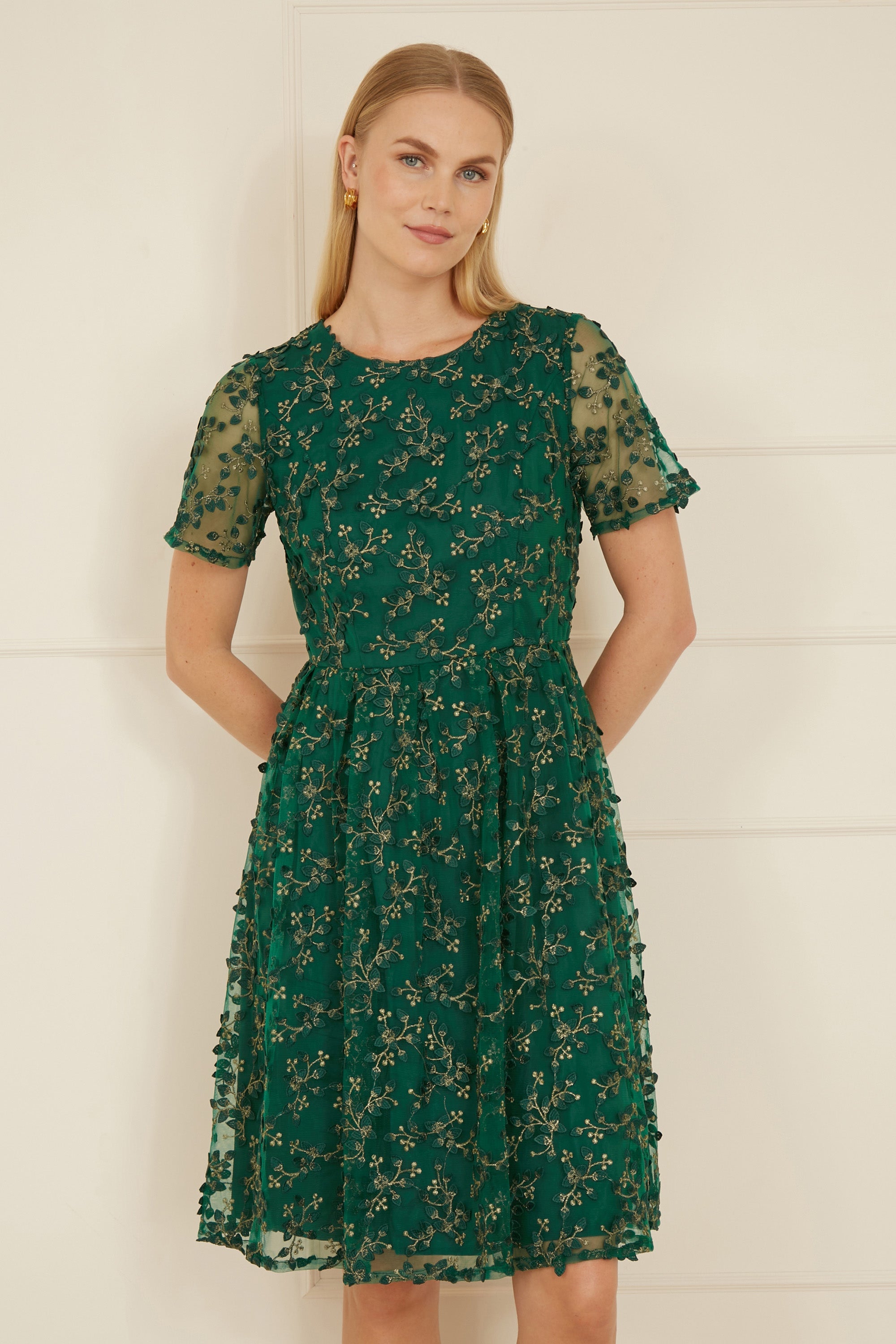 Yumi Green Embroidered Floral Skater Dress