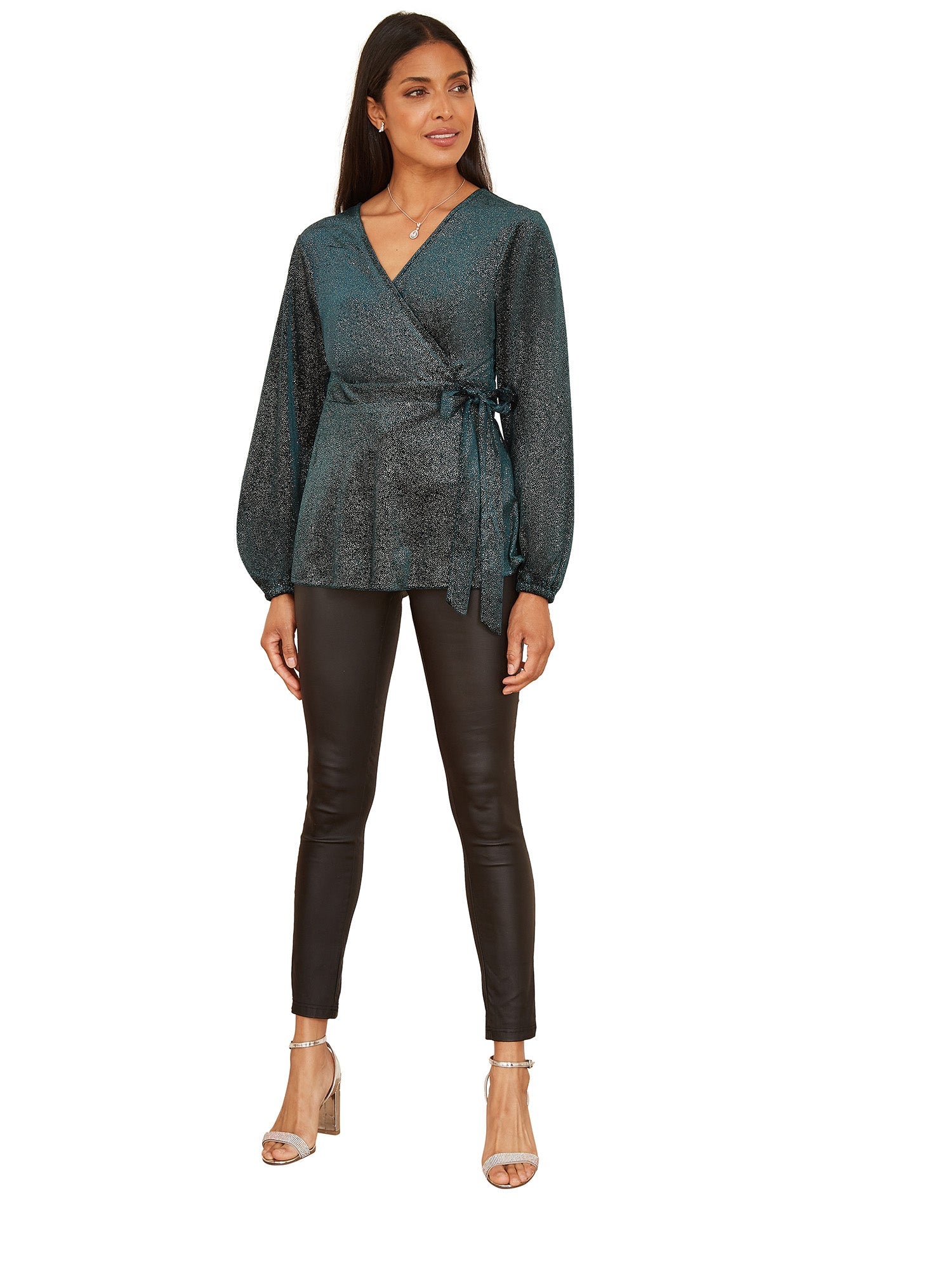 Yumi Green Sparkle Velvet Wrap Top With Long Sleeves