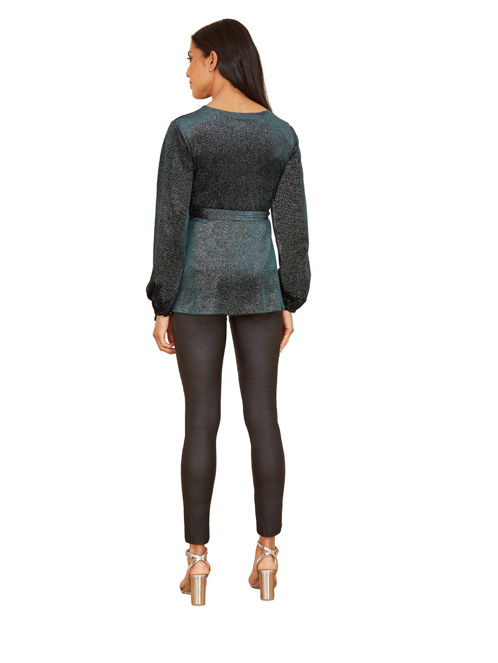 Yumi Green Sparkle Velvet Wrap Top With Long Sleeves