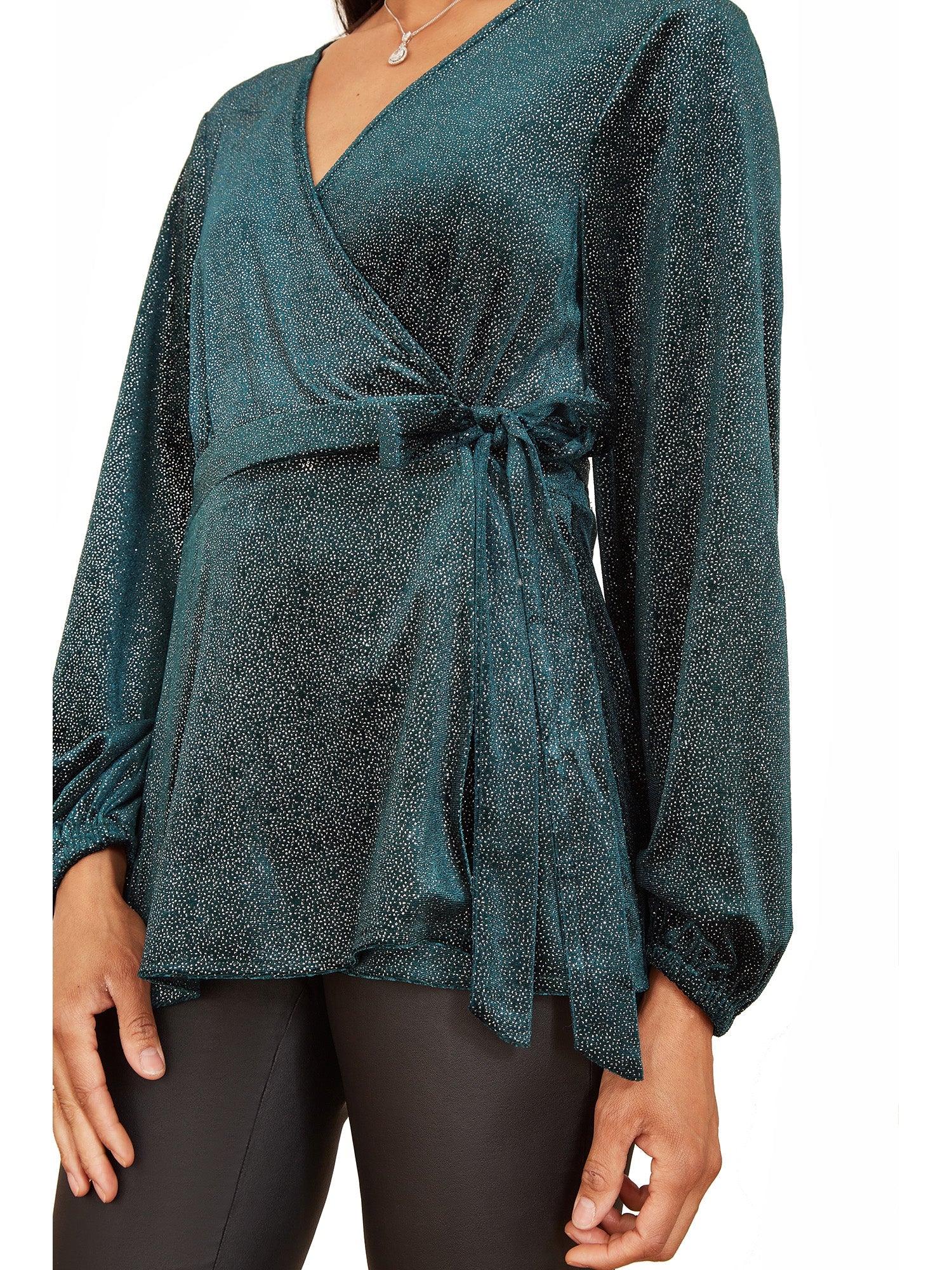 Yumi Green Sparkle Velvet Wrap Top With Long Sleeves