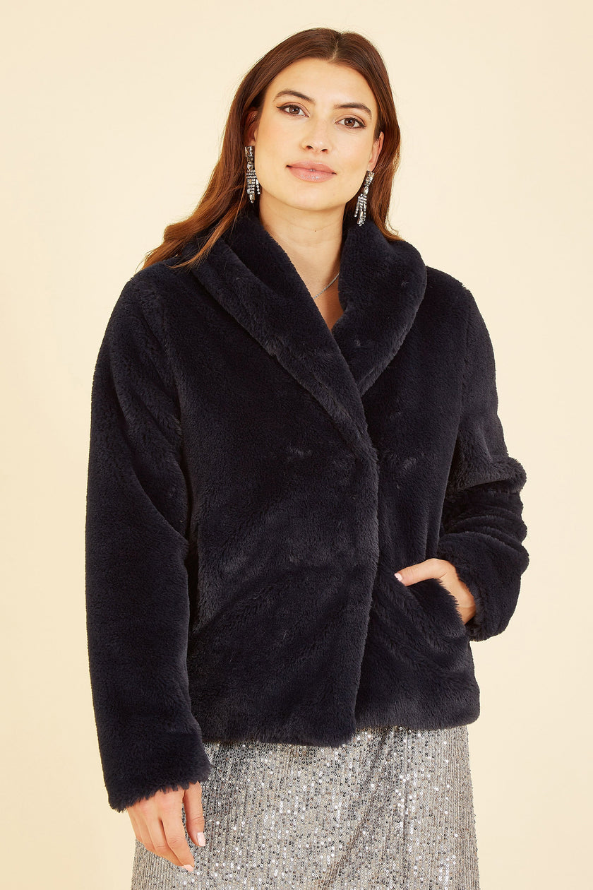 Yumi Black Short Wrap Faux Fur Coat
