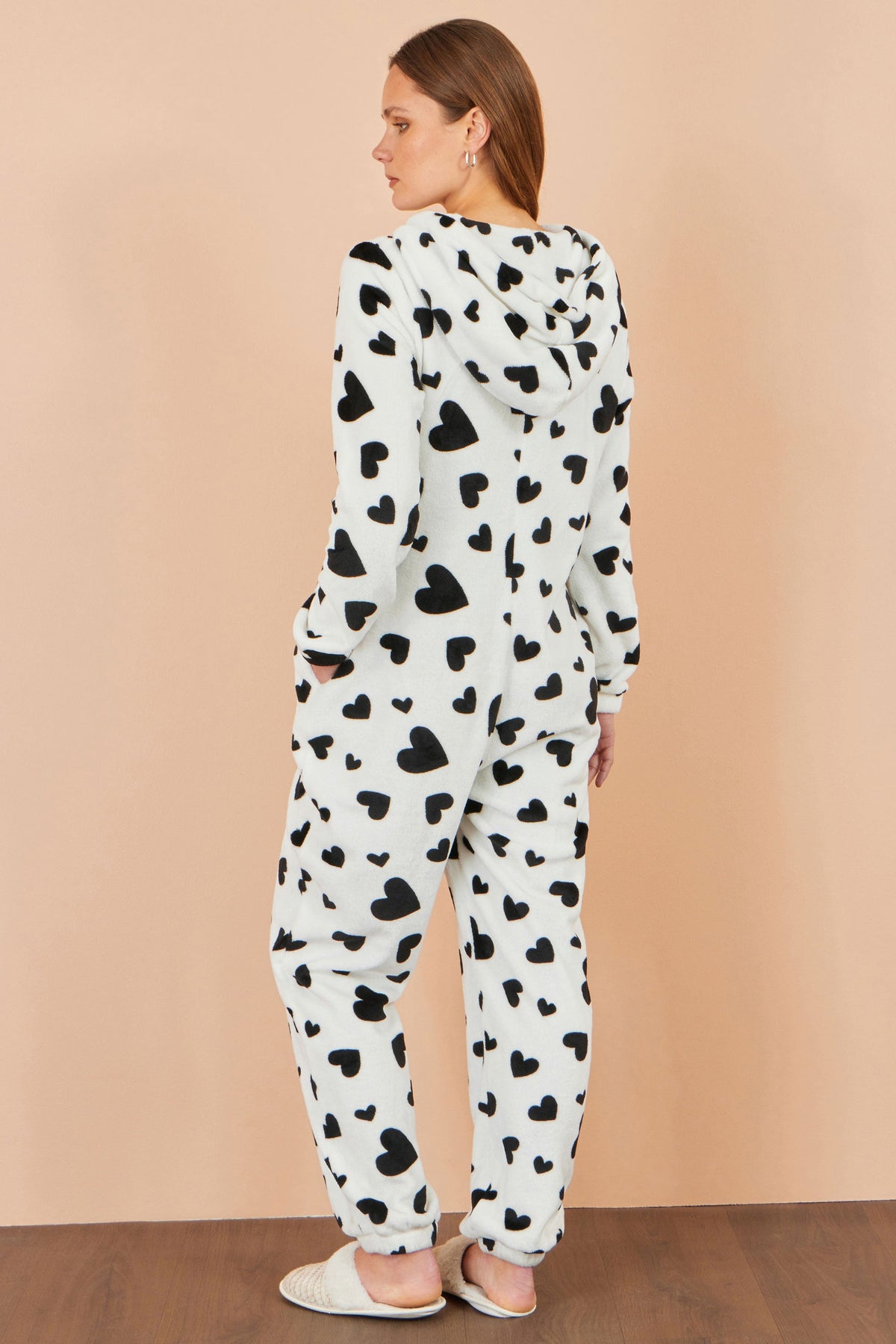 Yumi White Heart Print Onesie With Pockets