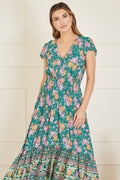 Yumi Green Festival Floral Print Ruched Waist Maxi Dress