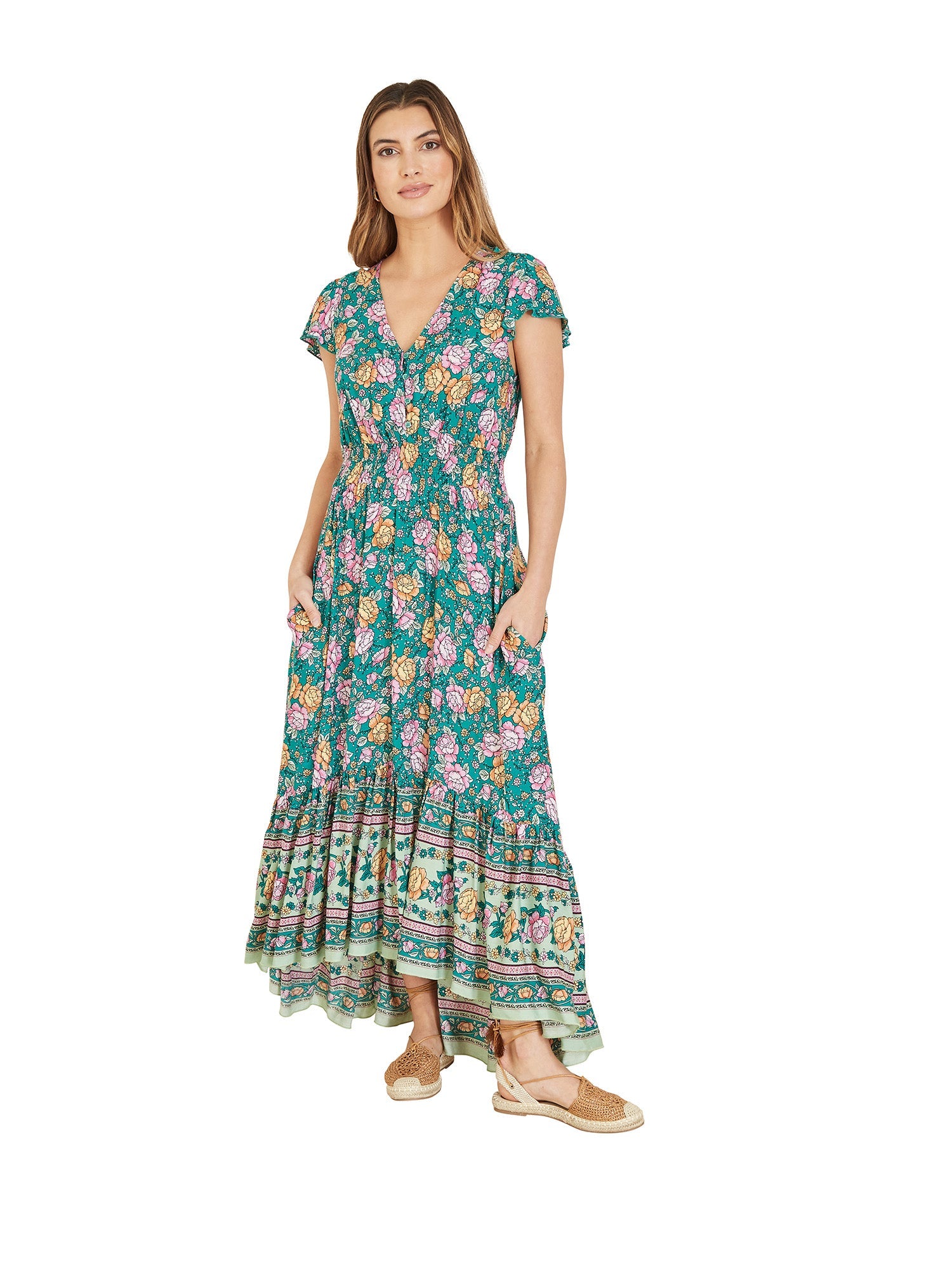 Yumi Green Festival Floral Print Ruched Waist Maxi Dress