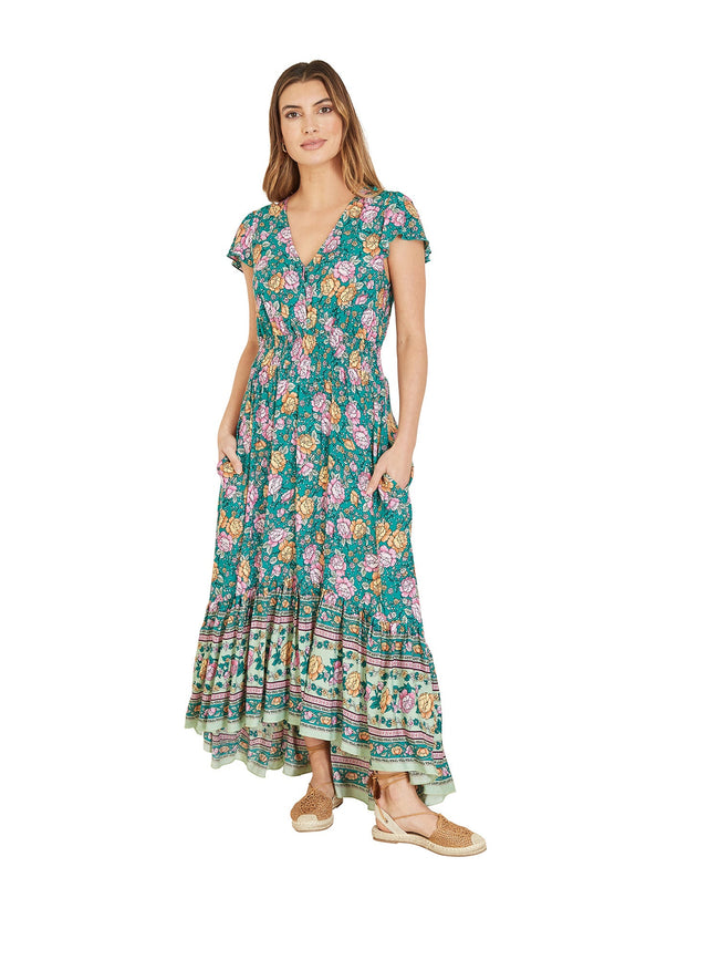Yumi Green Festival Floral Print Ruched Waist Maxi Dress