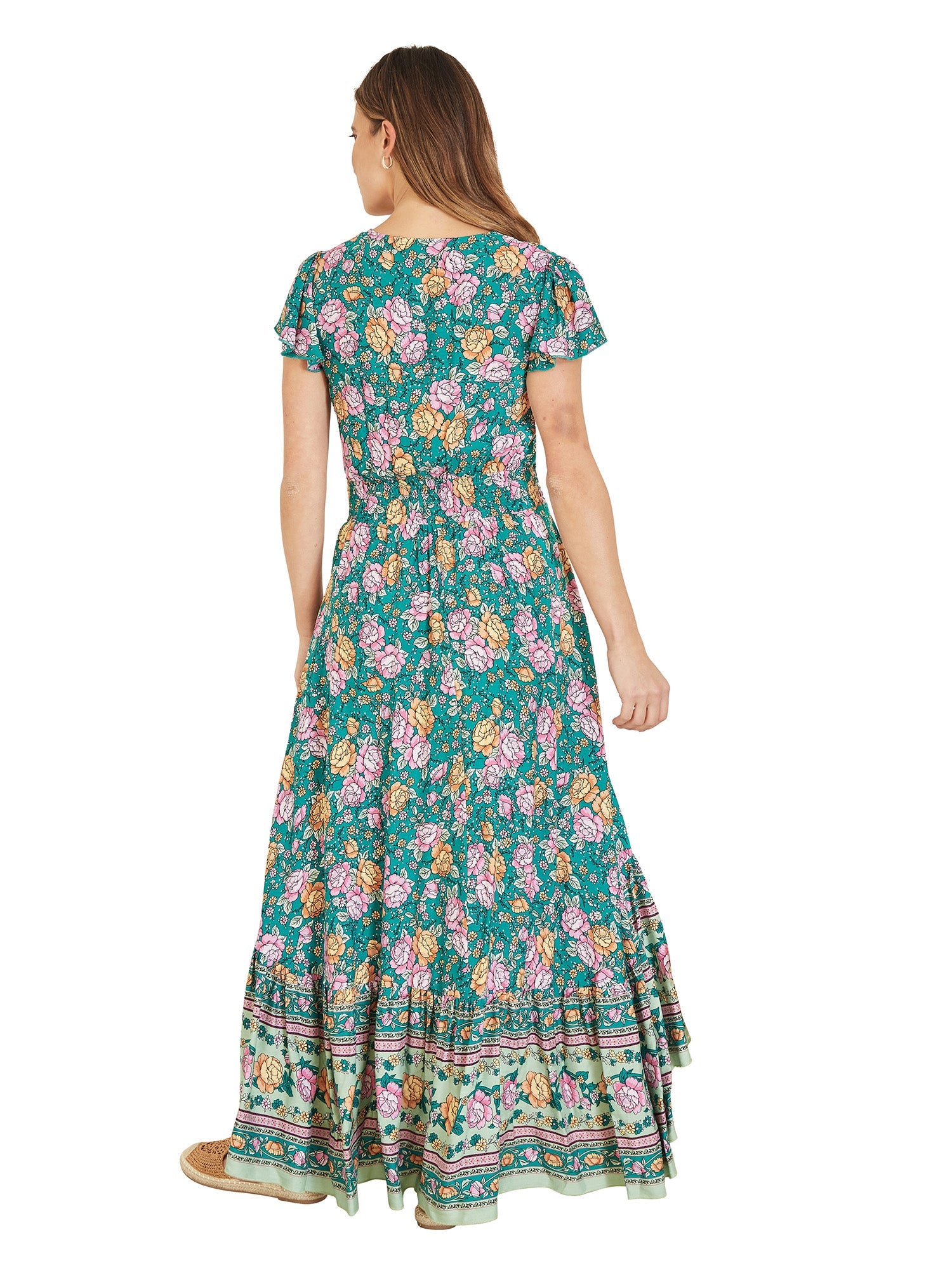 Yumi Green Festival Floral Print Ruched Waist Maxi Dress