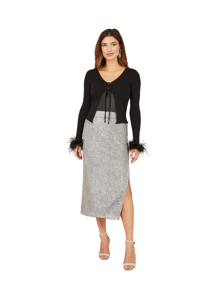 Yumi Black Ribbed Bolero With Feather Cuffs