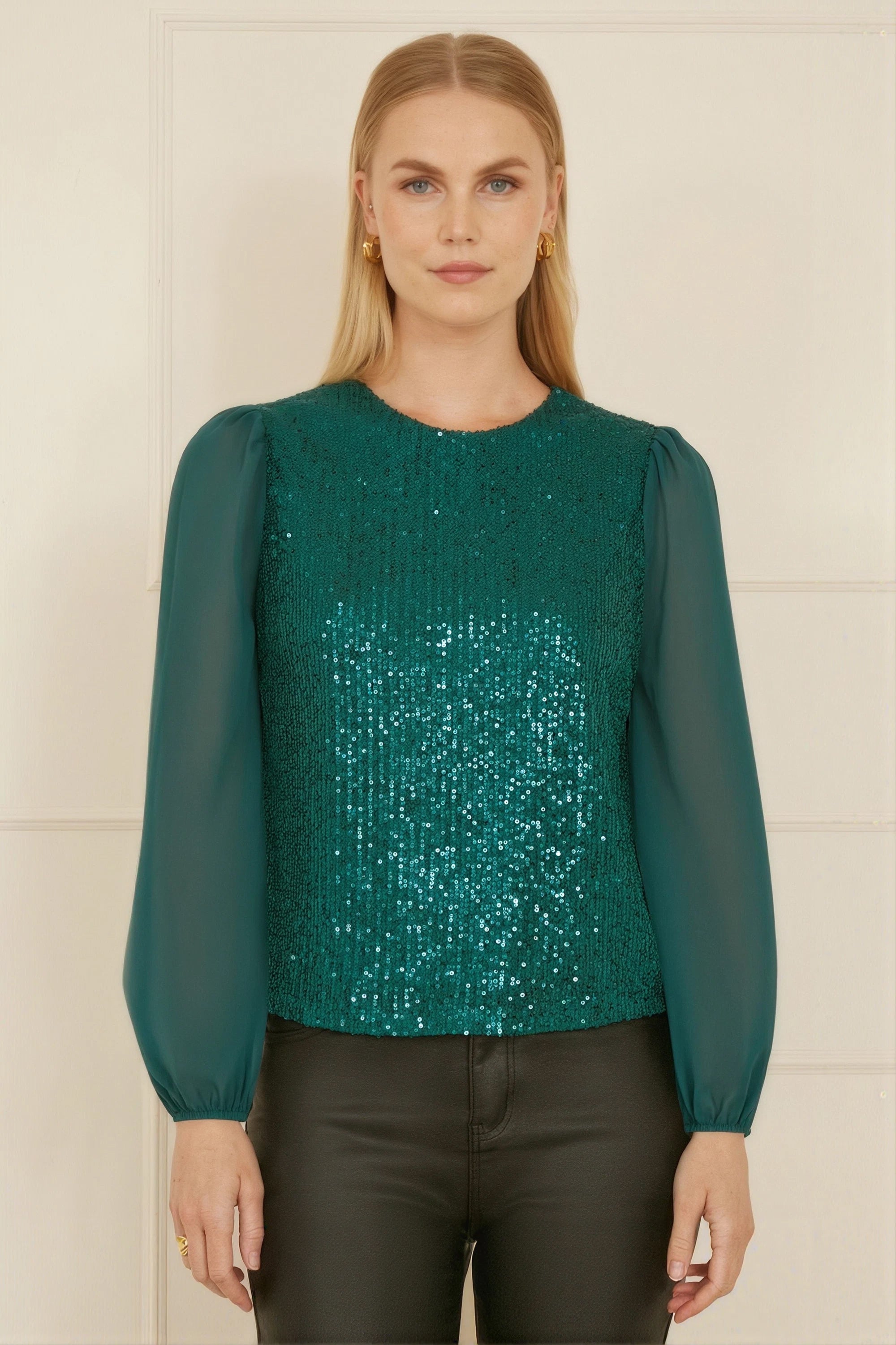 Yumi Green Sequin Top With Sheer Sleeves
