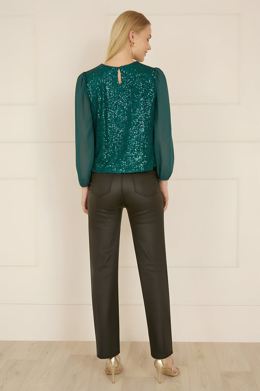 Yumi Green Sequin Top With Sheer Sleeves