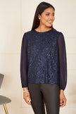 Yumi Navy Sequin Top With Sheer Sleeves