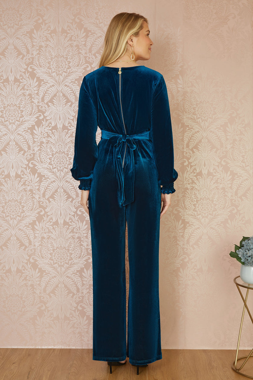 Yumi Teal Velvet Long sleeve Jumpsuit