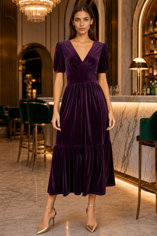 Yumi Purple Velvet Midi Dress