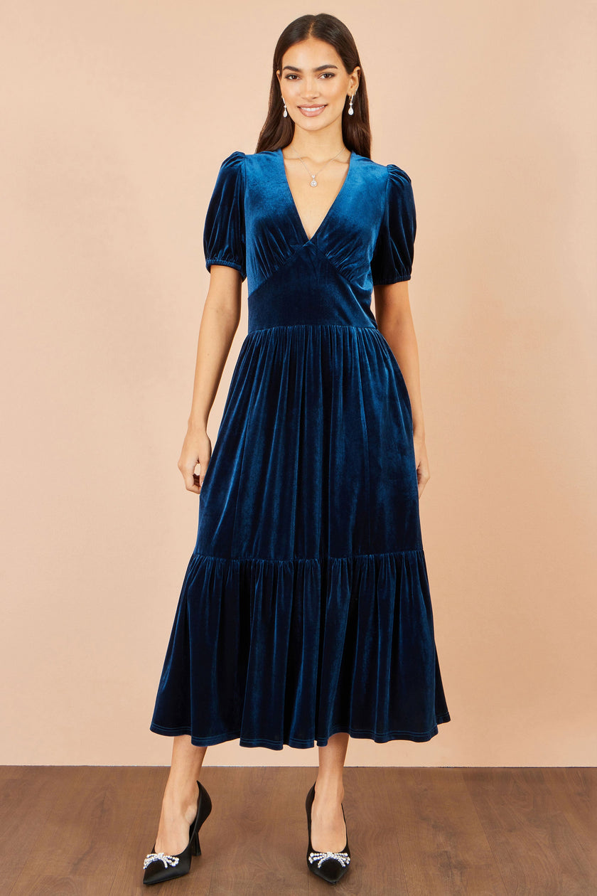 Yumi Midikleid aus blaugrünem Samt