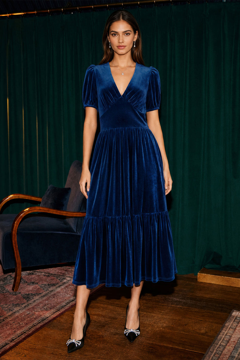 Yumi Midikleid aus blaugrünem Samt