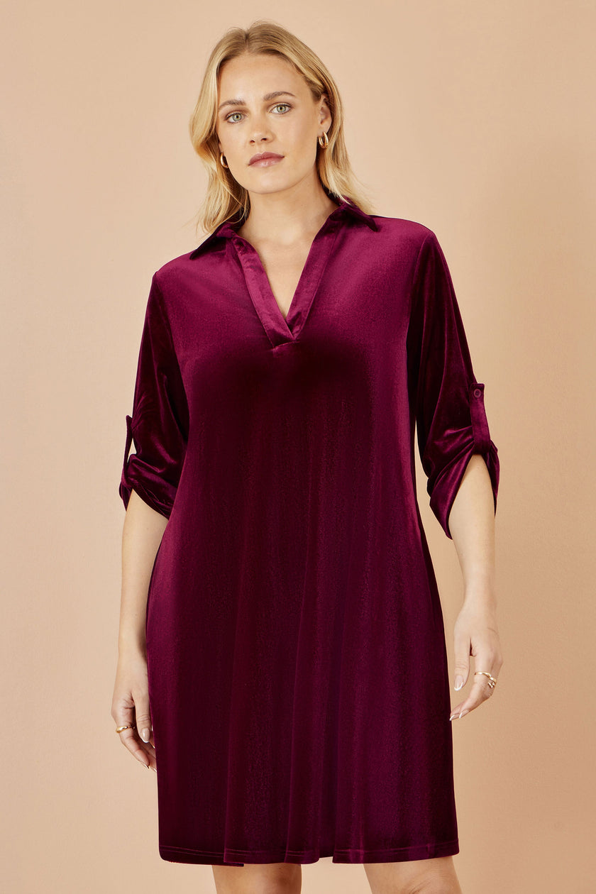 Yumi Burgundy Velvet Tunic Dress With 3/4 Sleeves