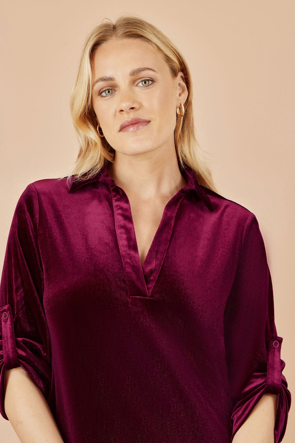 Yumi Burgundy Velvet Tunic Dress With 3/4 Sleeves
