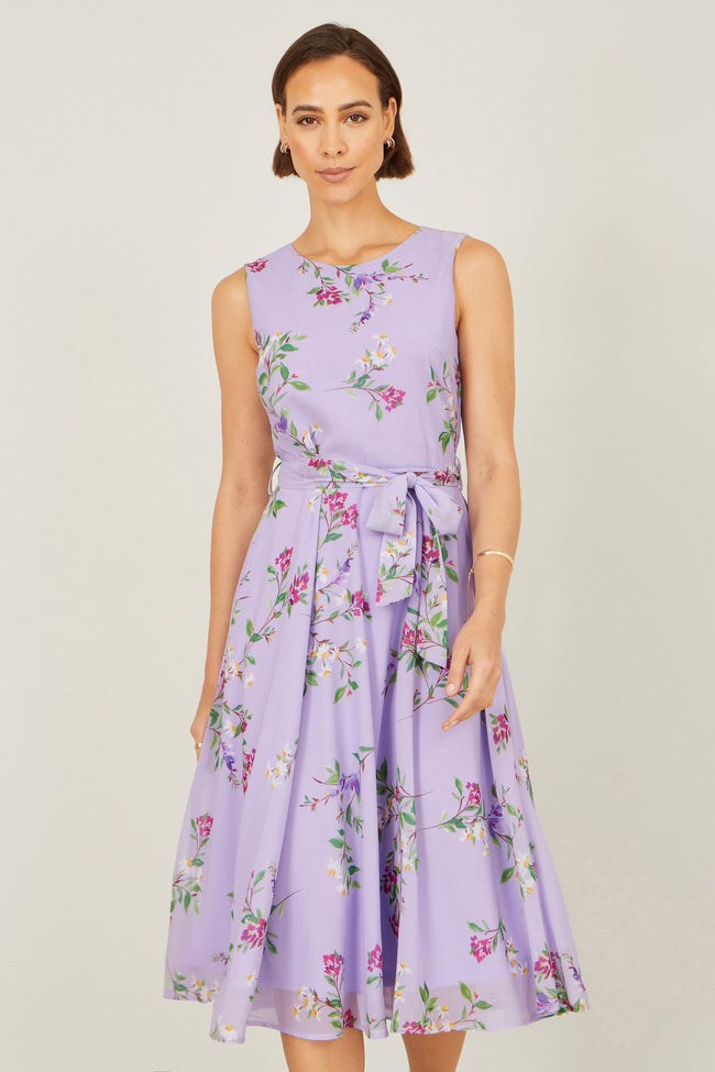 Yumi Lilac Floral Print Midi Skater Dress