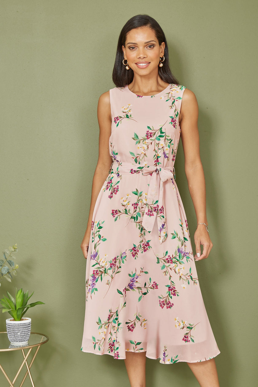 Yumi Blush Floral Print Midi Skater Dress