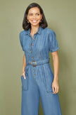 Yumi Blue Cotton Chambray Button Up Jumpsuit